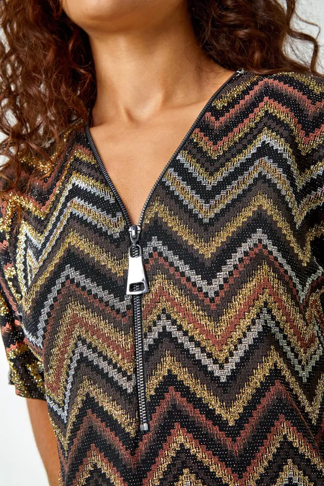 Bronze Glitter Zig Zag Zip Front Stretch Top Women Roman Tops