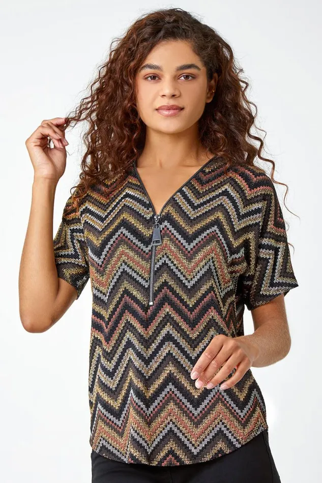 Bronze Glitter Zig Zag Zip Front Stretch Top Women Roman Tops