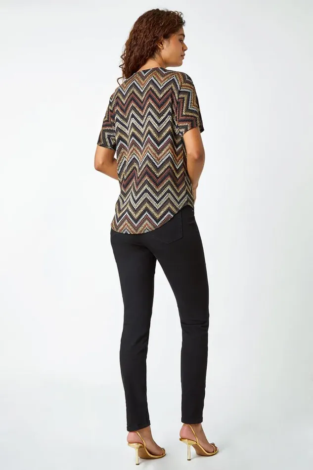 Bronze Glitter Zig Zag Zip Front Stretch Top Women Roman Tops