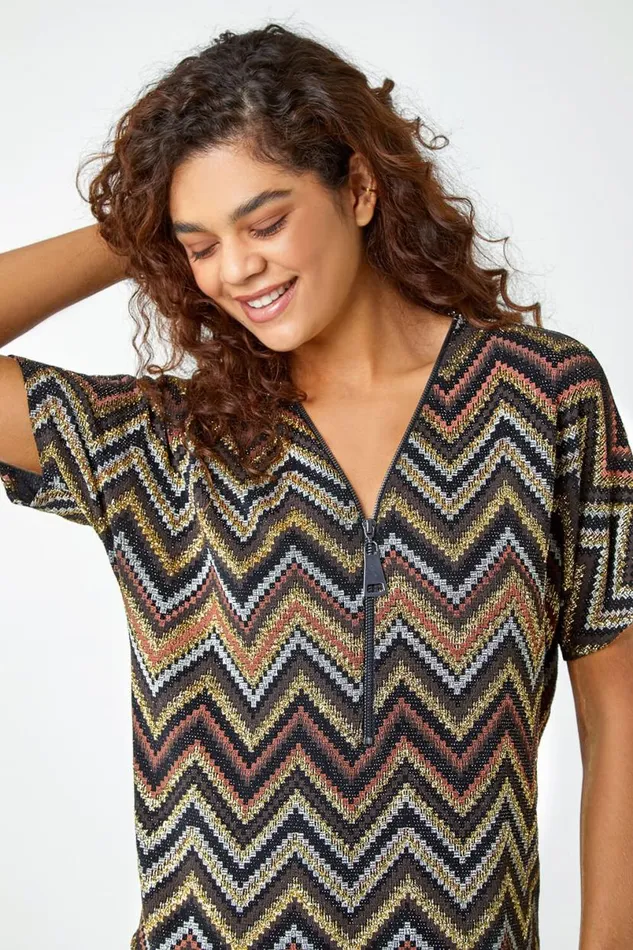 Bronze Glitter Zig Zag Zip Front Stretch Top Women Roman Tops