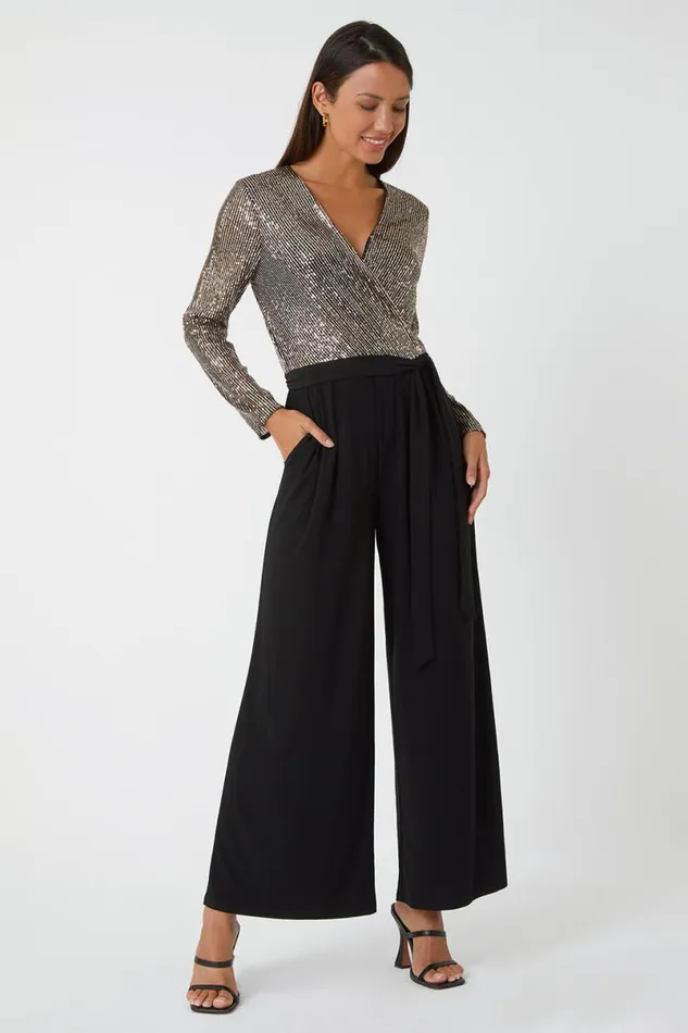 Bronze Sequin Wrap Wide Leg Stretch Jumpsuit Women Roman Jumpsuits and Playsuits Bronze Sequin Wrap Wide Leg Stretch Jumpsuit Women Roman Jumpsuits and Playsuits