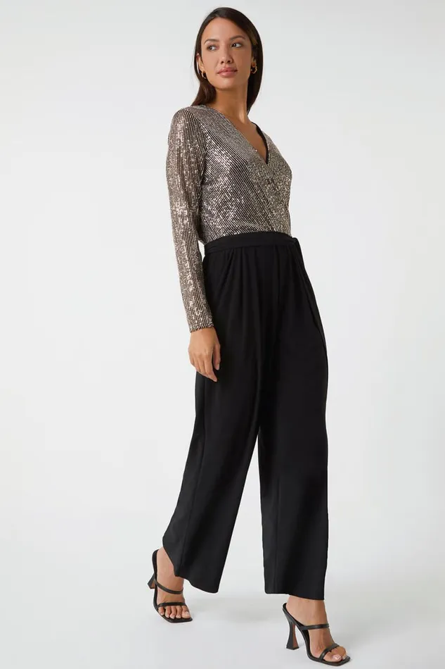 Bronze Sequin Wrap Wide Leg Stretch Jumpsuit Women Roman Jumpsuits and Playsuits
