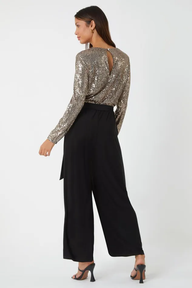 Bronze Sequin Wrap Wide Leg Stretch Jumpsuit Women Roman Jumpsuits and Playsuits