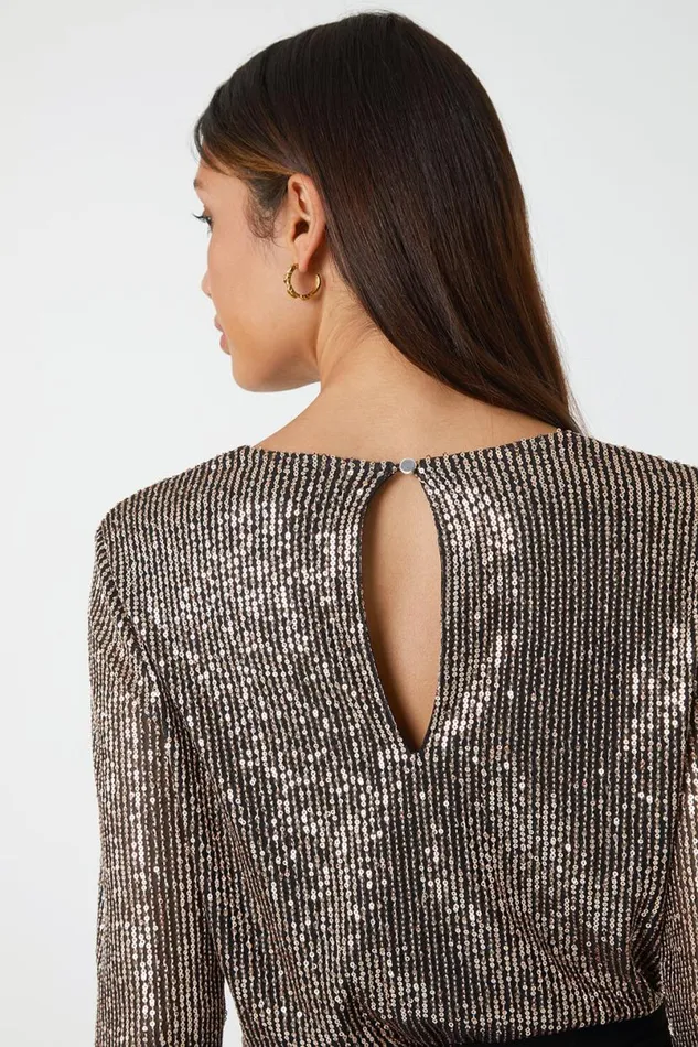 Bronze Sequin Wrap Wide Leg Stretch Jumpsuit Women Roman Jumpsuits and Playsuits