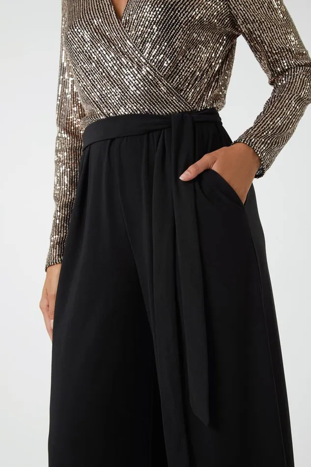 Bronze Sequin Wrap Wide Leg Stretch Jumpsuit Women Roman Jumpsuits and Playsuits