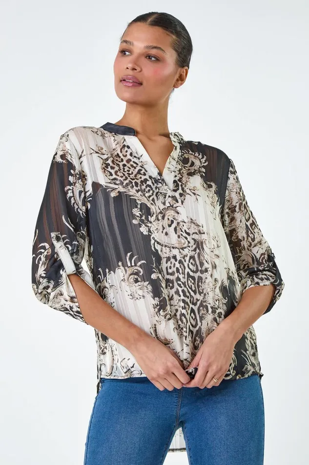 Bronze VNeck Animal Print Shimmer Stripe Top Women Roman Tops