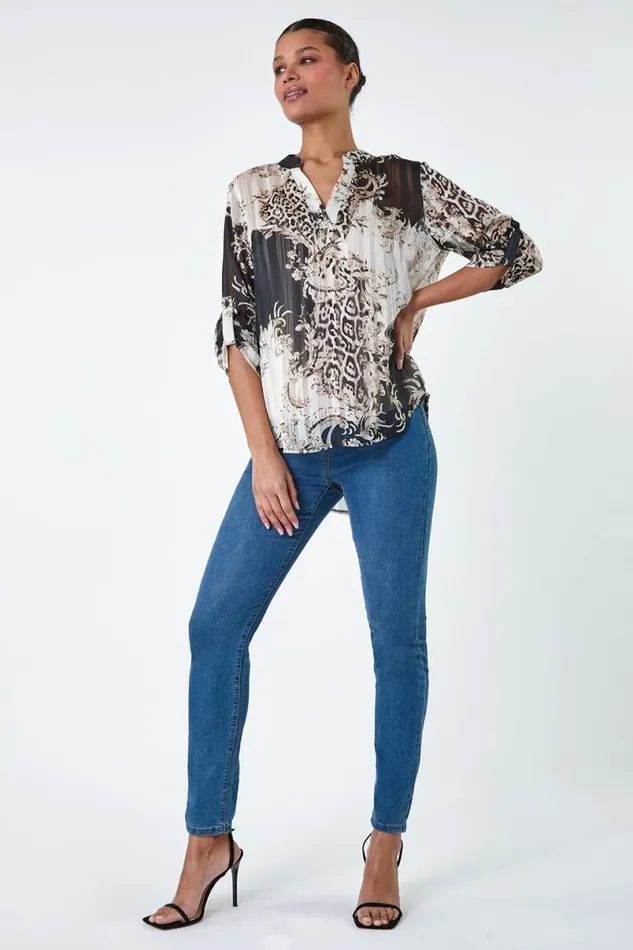 Bronze VNeck Animal Print Shimmer Stripe Top Women Roman Tops