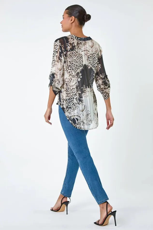 Bronze VNeck Animal Print Shimmer Stripe Top Women Roman Tops