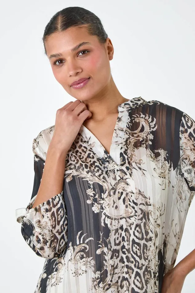 Bronze VNeck Animal Print Shimmer Stripe Top Women Roman Tops