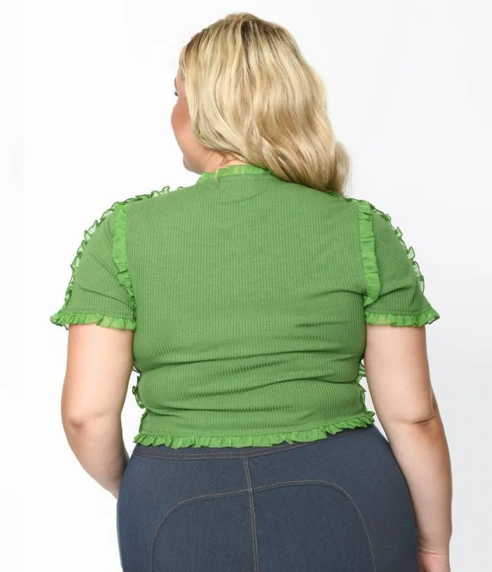 Cactus Green Ruffle Edge Knit Top ClothingPlus Unique Vintage Blouses