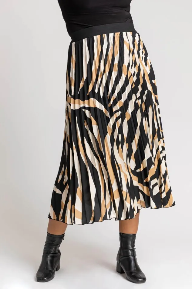 Camel Curve Abstract Print Pleated Midi Skirt Women Roman Skirts