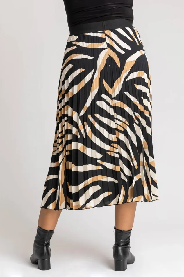 Camel Curve Abstract Print Pleated Midi Skirt Women Roman Skirts
