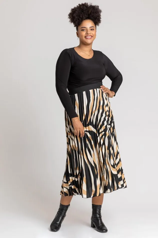 Camel Curve Abstract Print Pleated Midi Skirt Women Roman Skirts