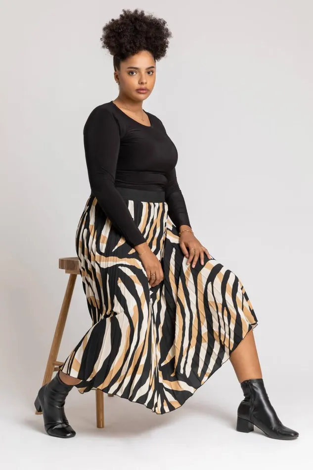 Camel Curve Abstract Print Pleated Midi Skirt Women Roman Skirts