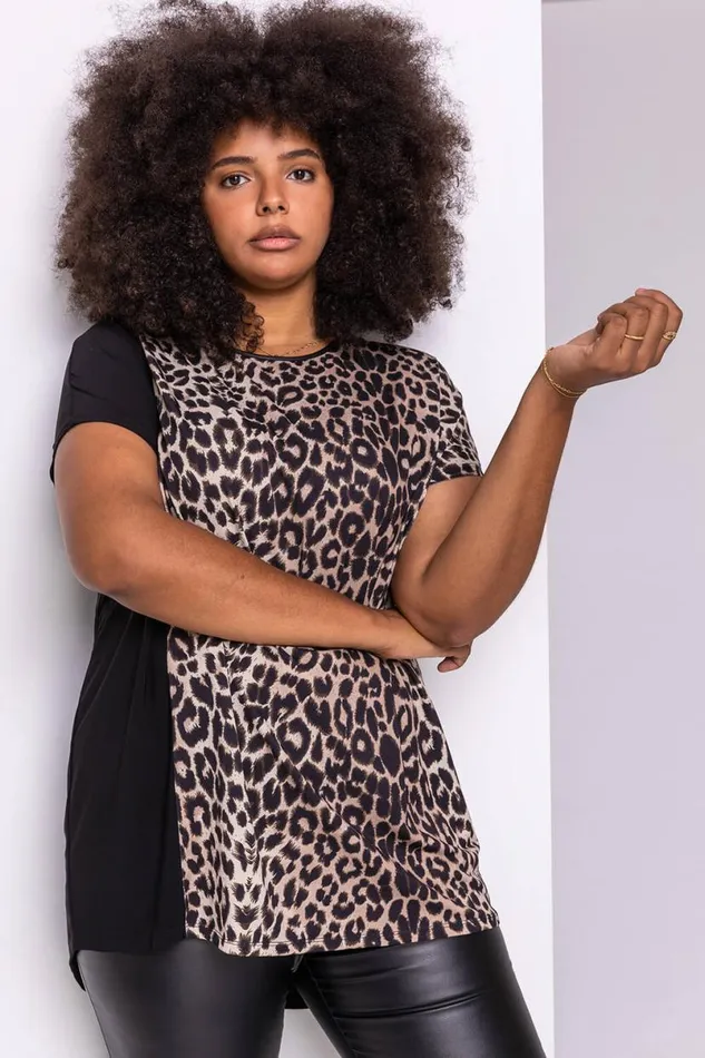 Camel Curve Animal Print Contrast Panel Top Women Roman Tops