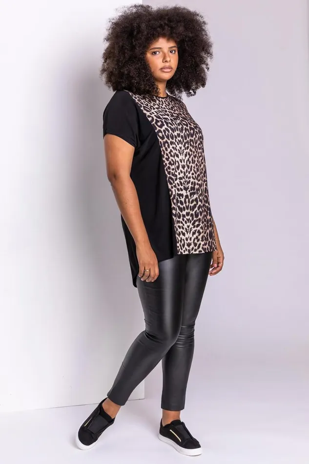 Camel Curve Animal Print Contrast Panel Top Women Roman Tops
