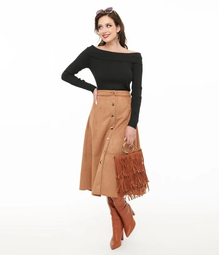 Camel Suede Button Up Midi Skirt Clothing Unique Vintage Skirts