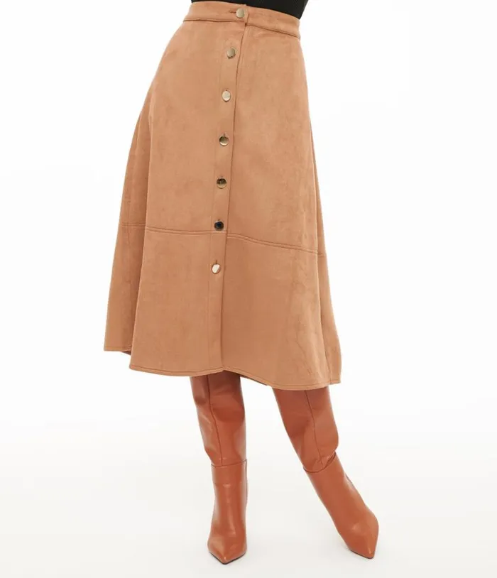 Camel Suede Button Up Midi Skirt Clothing Unique Vintage Skirts