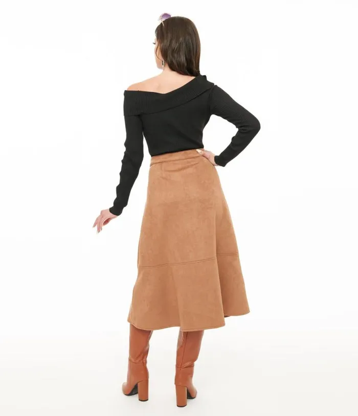Camel Suede Button Up Midi Skirt Clothing Unique Vintage Skirts
