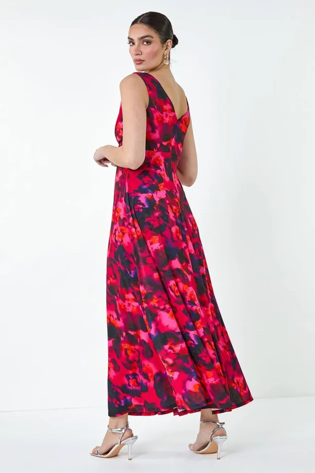 Cerise Floral Knot Front Maxi Dress Women Roman Dresses