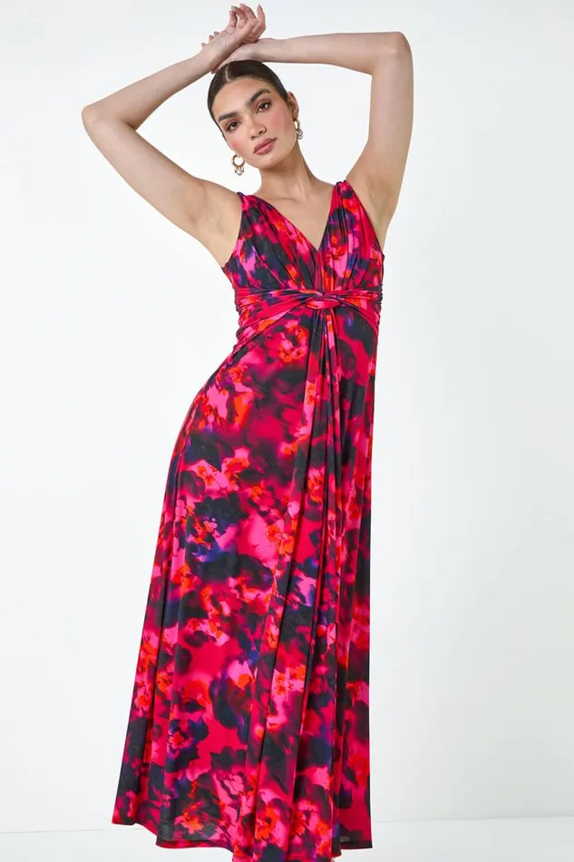 Cerise Floral Knot Front Maxi Dress Women Roman Dresses