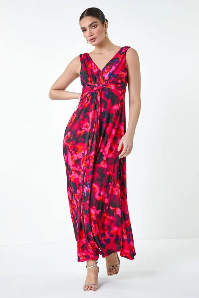Cerise Floral Knot Front Maxi Dress Women Roman Dresses