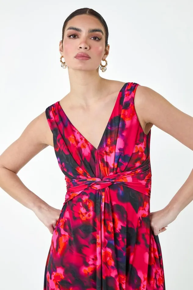 Cerise Floral Knot Front Maxi Dress Women Roman Dresses