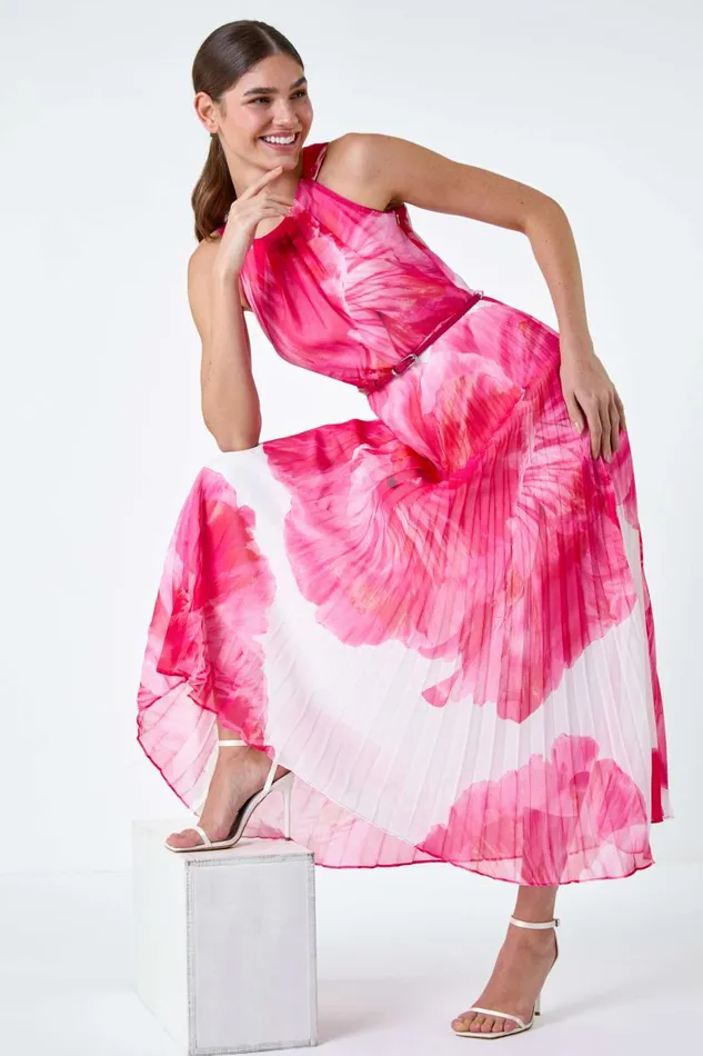 Cerise Floral Pleated Halterneck Maxi Dress Women Roman Dresses