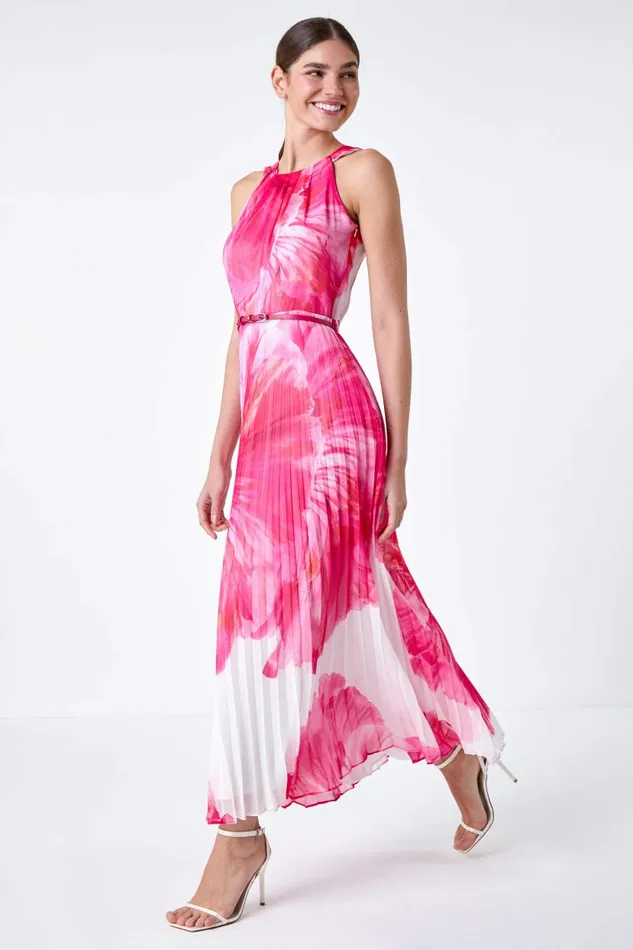 Cerise Floral Pleated Halterneck Maxi Dress Women Roman Dresses