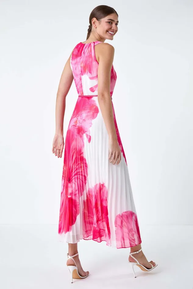 Cerise Floral Pleated Halterneck Maxi Dress Women Roman Dresses