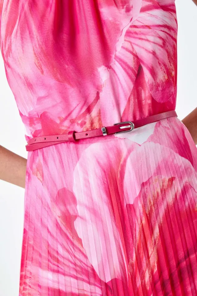 Cerise Floral Pleated Halterneck Maxi Dress Women Roman Dresses