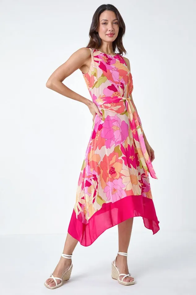 Cerise Sleeveless Floral Chiffon Hanky Hem Dress Women Roman Dresses
