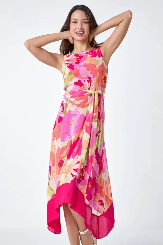 Cerise Sleeveless Floral Chiffon Hanky Hem Dress Women Roman Dresses