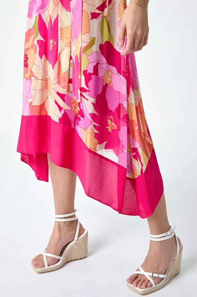 Cerise Sleeveless Floral Chiffon Hanky Hem Dress Women Roman Dresses
