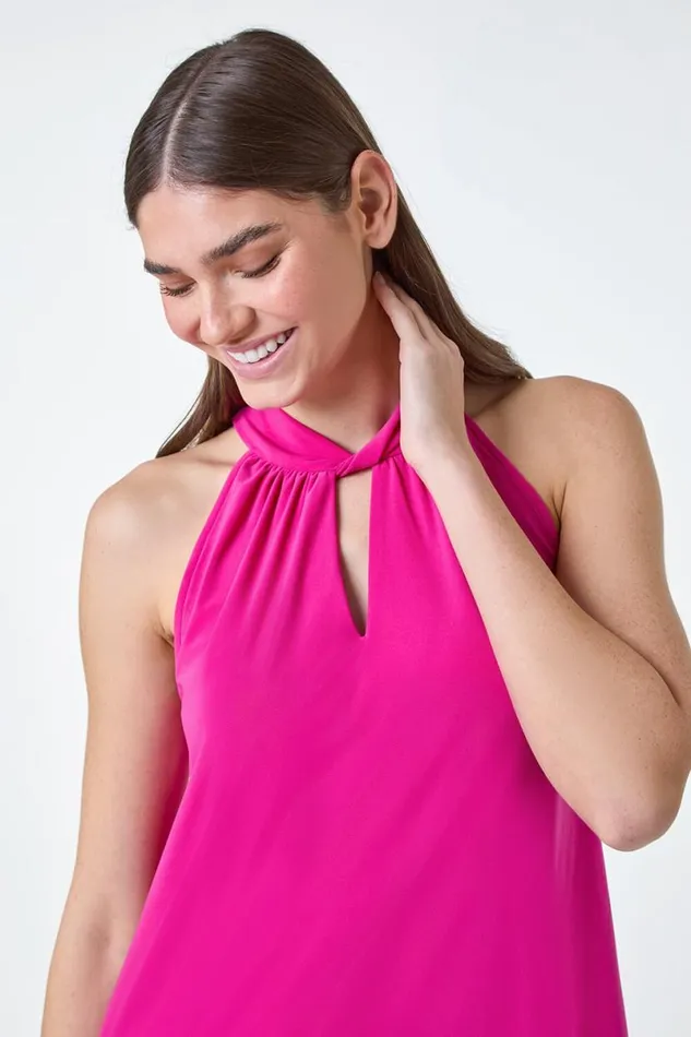 Cerise Twist Neck Tie Back Stretch Top Women Roman Tops