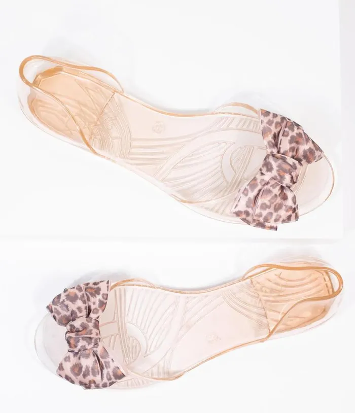 Champagne Jelly and Leopard Bow Peep Toe Selena Flats Shoes Unique Vintage Flats
