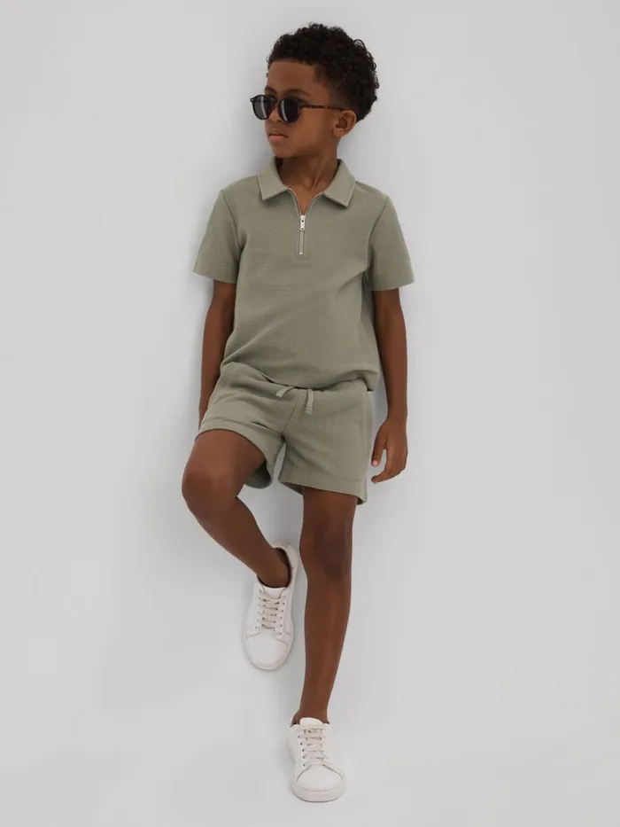 Children Reiss CoOrds Felix Textured Cotton HalfZip Polo Shirt Pistachio
