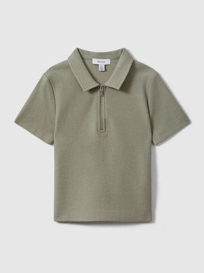 Children Reiss CoOrds Felix Textured Cotton HalfZip Polo Shirt Pistachio