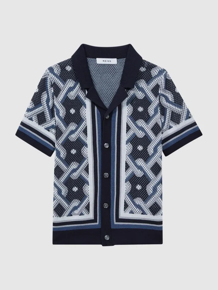 Children Reiss CoOrds Hyde Knitted Cuban Collar ButtonThrough Shirt Navy Multi