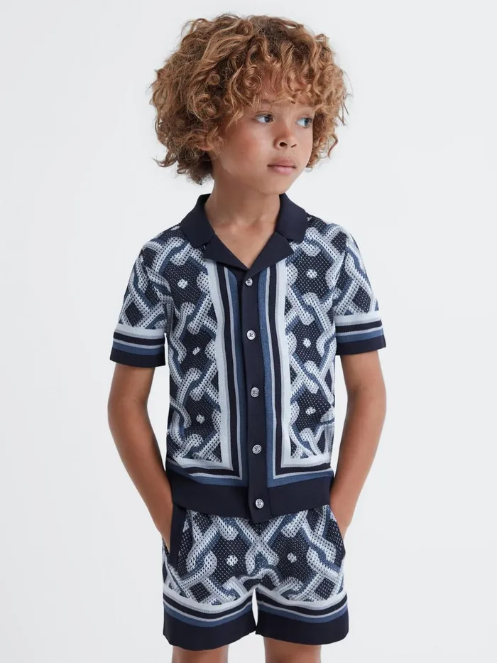 Children Reiss CoOrds Hyde Knitted Cuban Collar ButtonThrough Shirt Navy Multi