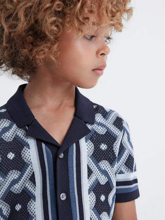 Children Reiss CoOrds Hyde Knitted Cuban Collar ButtonThrough Shirt Navy Multi