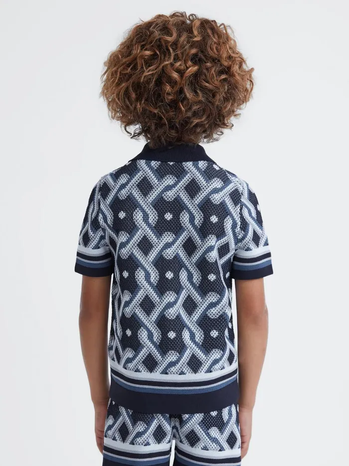 Children Reiss CoOrds Hyde Knitted Cuban Collar ButtonThrough Shirt Navy Multi