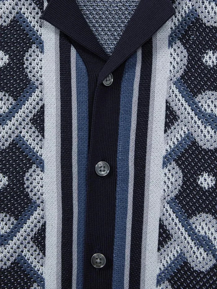 Children Reiss CoOrds Hyde Knitted Cuban Collar ButtonThrough Shirt Navy Multi