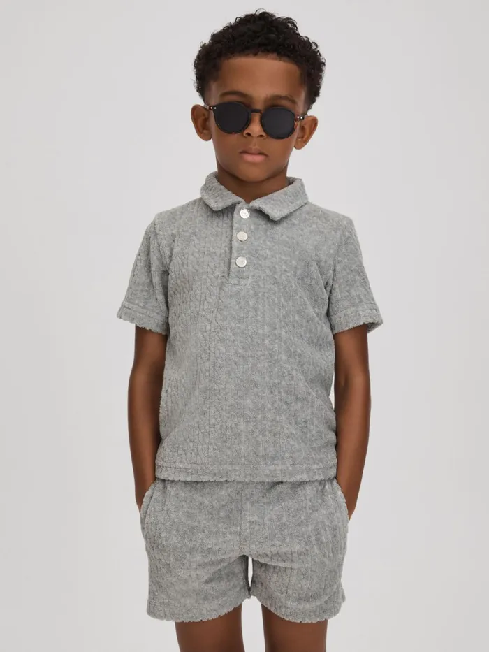 Children Reiss CoOrds Iggy Towelling Polo Shirt Soft Grey