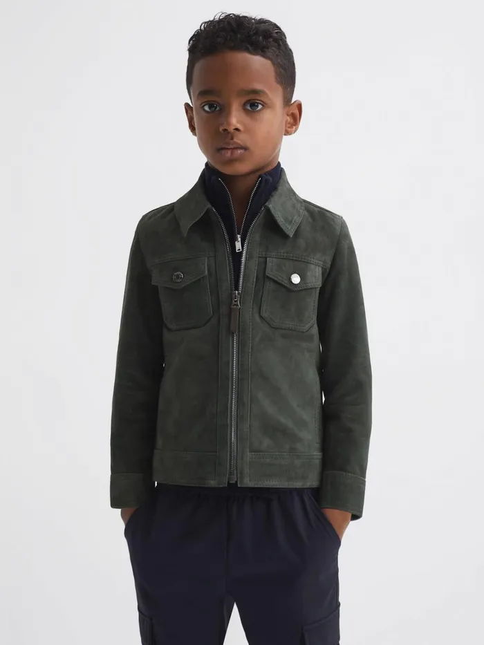 Children Reiss Coats and Jackets Pike Suede Zip Through Jacket Forest Green
