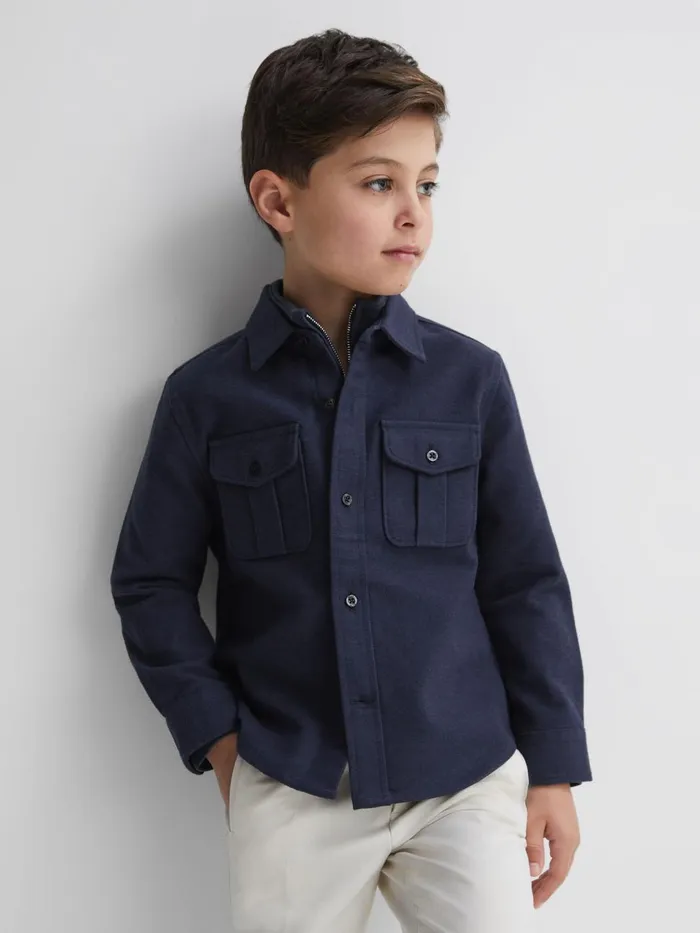 Children Reiss Coats and Jackets Thomas Brushed Cotton Patch Pocket Overshirt Eclipse Blue