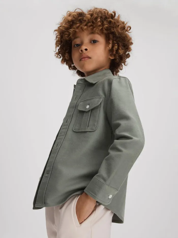 Children Reiss Coats and Jackets Thomas Brushed Cotton Patch Pocket Overshirt Pistachio