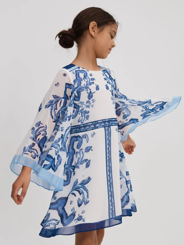 Children Reiss Dresses Andra Tile Print Flare Sleeve Dress Blue Print