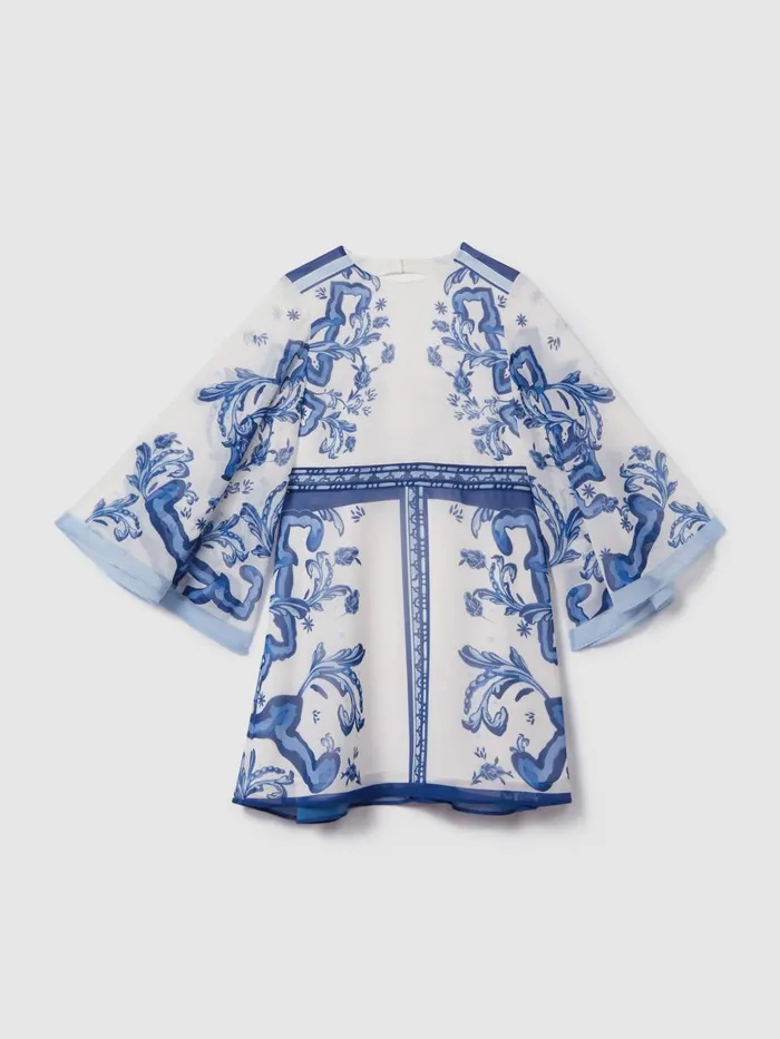 Children Reiss Dresses Andra Tile Print Flare Sleeve Dress Blue Print