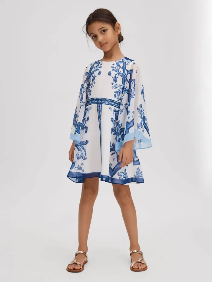 Children Reiss Dresses Andra Tile Print Flare Sleeve Dress Blue Print